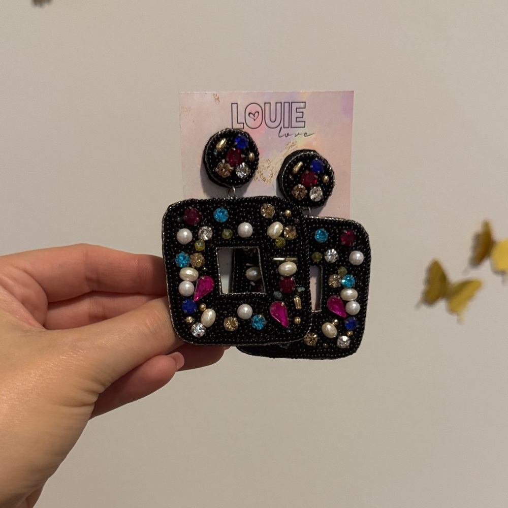 Colorful Beaded Rhinestone Black Earrings
